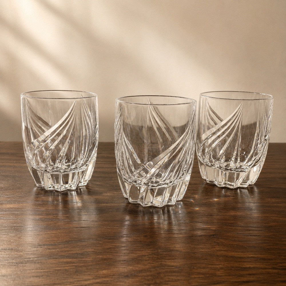 Lenox Vintage Cut Crystal Whiskey Glasses Set of 3‎ Leaf Pattern Faceted Base